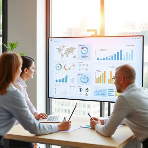 A team collaborating on a project represented by icons and charts on a screen, symbolizing the Project Management course